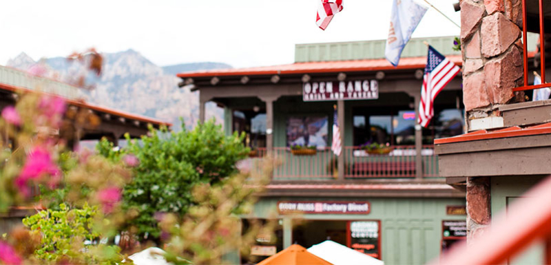 Гостиничные дома с цветущими кустарниками на фоне гор